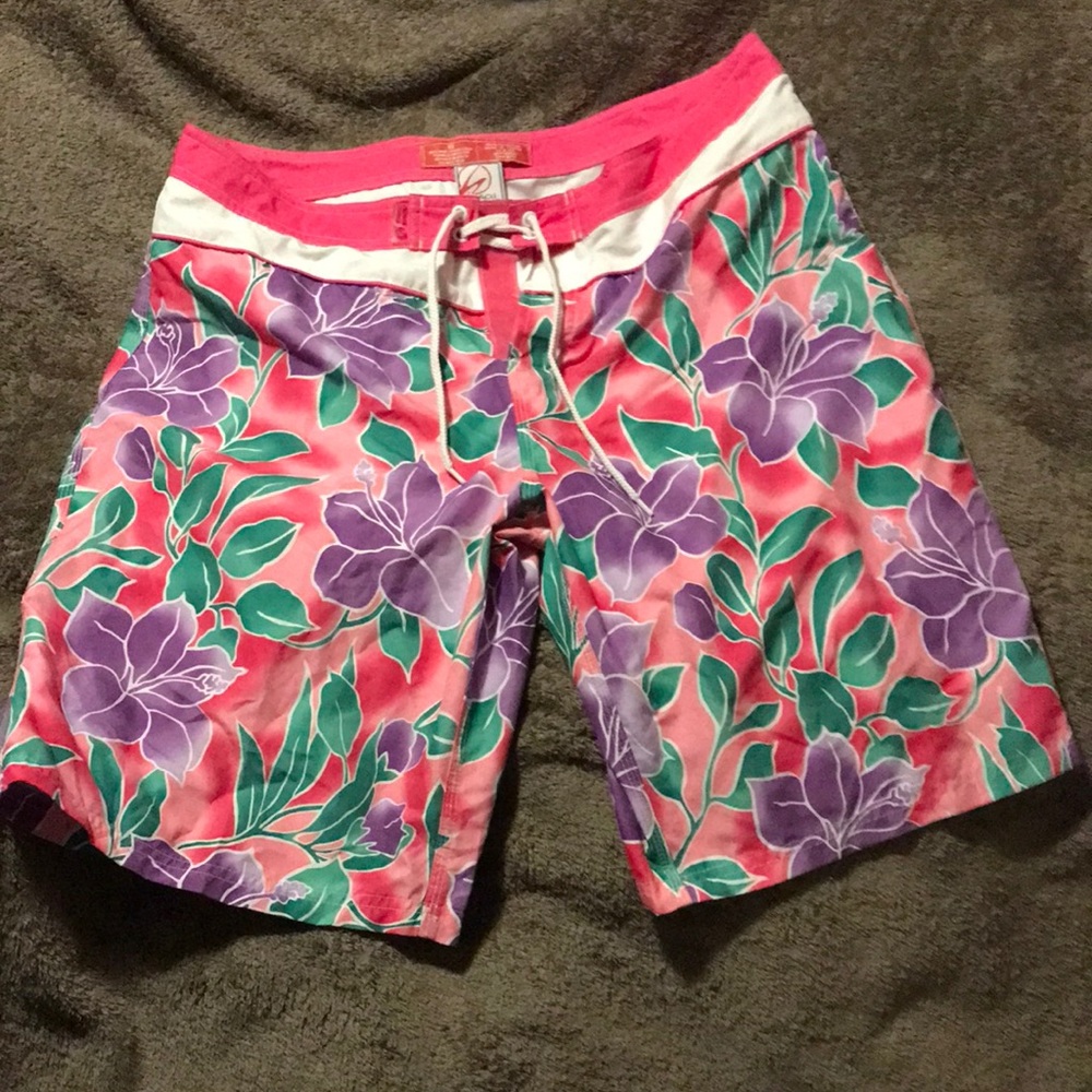 Beach Rays pink and purple flower tie up swim shorts